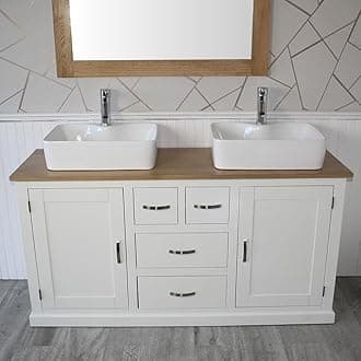 Wooden Bathroom Vanity Unit with 2 Ceramic Basins - Modern Bathroom Sink Cabinet with Drawers - Double Vanity Unit with Chromed Mixer Taps - White Painted - Tap Mounted Rectangle Bowl (603GCB021A2-1)