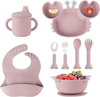 Silicone Baby Feeding Set with BPA-Free Suction Plates, Bowl, Silicone Bibs, Sippy Cup, 2 Set Forks and Spoons for Babies 8PCS Baby Led Weaning Supplies Self Feeding Utensils for Toddlers Kids (Pink)