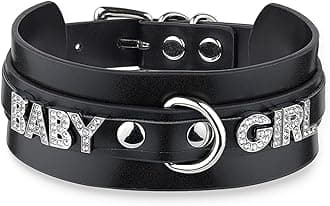 Women's Black Leather Choker Necklace with Rhinestone Letters, Adjustable Punk Gothic Custom Name D-ring Collar Jewelry For Women