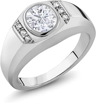 Gem Stone King Men's 925 Sterling Silver White Moissanite and White Created Sapphire Ring For Men | 1.56 Cttw | Oval 8X6MM | Available In Size 7, 8, 9, 10, 11, 12, 13)