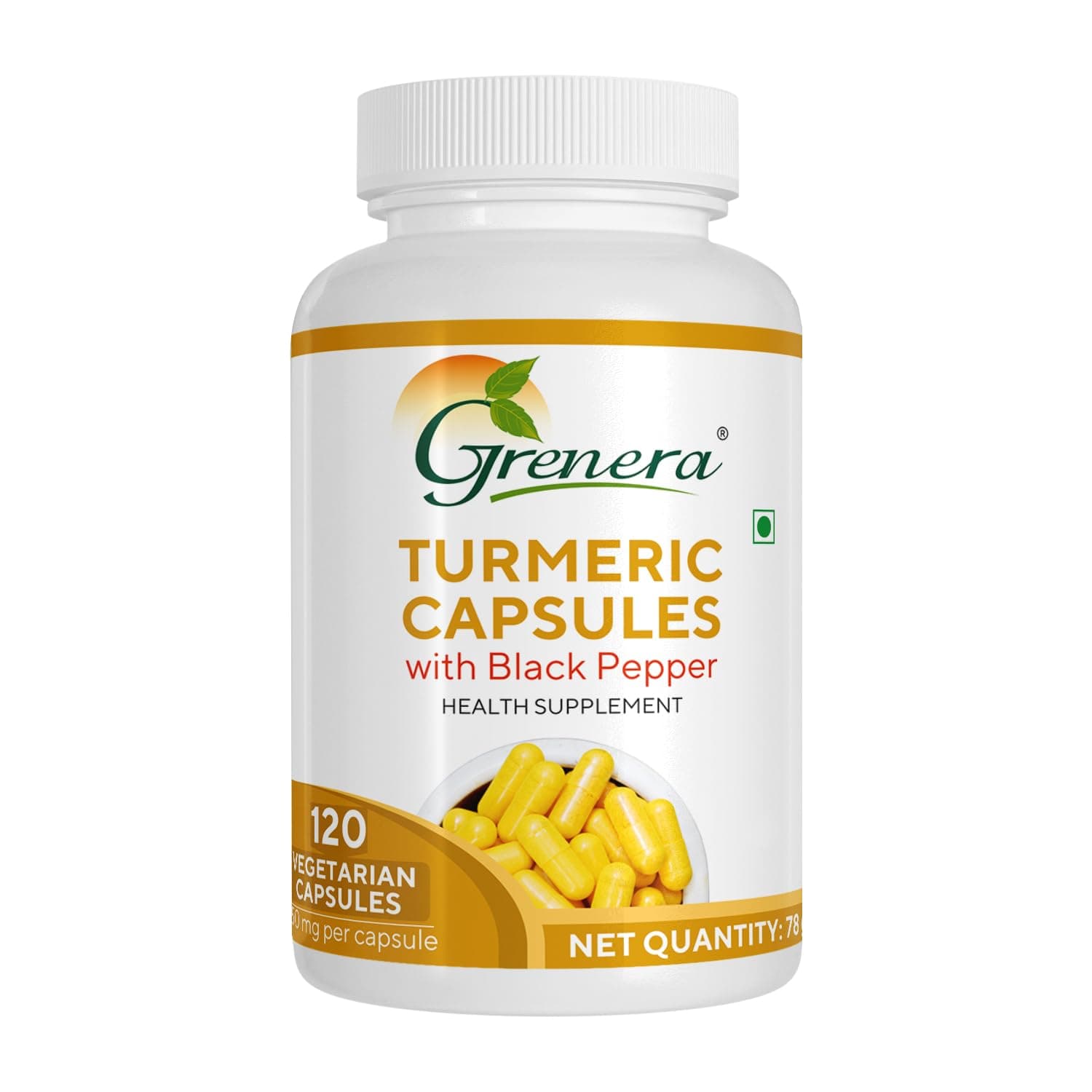 Grenera Turmeric Capsules (Haldi with Black Pepper) 120 Veg Capsules, Curcumin Supplement, 650 mg each