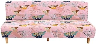 Mateju Armless Sofa Bed Cover, Butterfly Pattern Folding Sofa Bed without Armrests, Non Slip Stretch Futon Slipcover Protector for 2-3 Seater, Washable Couch Bed Slipcovers (Blush,120-150cm)