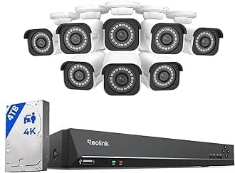 - REOLINK 4K Security Camera System, RLK16-800B8 8pcs H.265 PoE Wired with Person Vehicle Detection, 8MP/4K 16CH NVR with 4TB HDD for 24-7 Recording