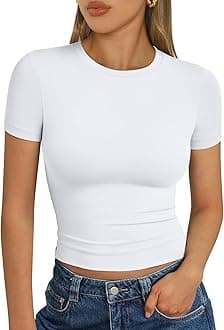 Womens Short Sleeve T Shirts - Buttery Soft Summer Crop Tops Slim Fit Y2k Basic Tees for Workout