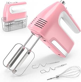 CBQ Hand Mixer Electric, 5-Speed 400W Powerful Motor, Hand Mixer Electric Handheld with Storage Case, Turbo Boost and 5x Accessories, Flat Beaters, Dough Hooks, Whisk (Pink)