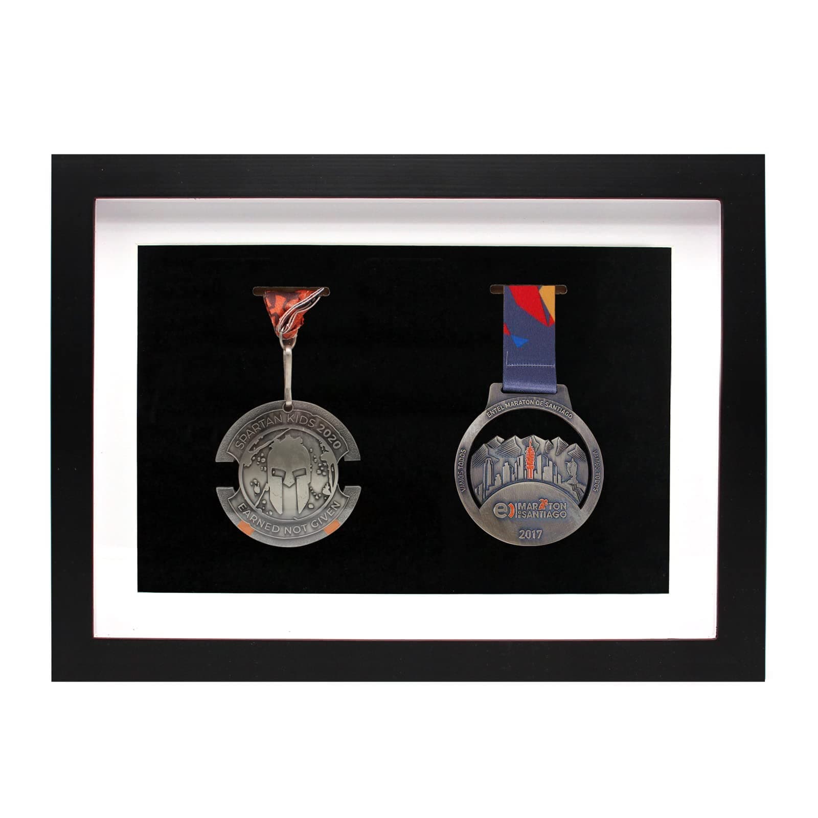 Wooden Medal Display Shadow Box Frame, 2 Medals Display Case for Runners Marathon Soccer Football Gymnastics & All Sports Medals Award Insignia (Black)