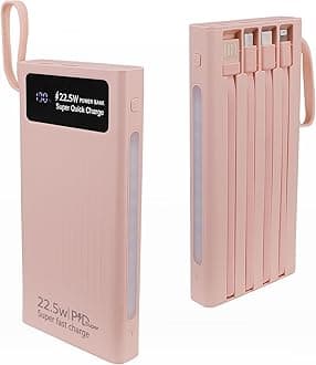 Portable Charger with Built in Cables,10000mAh Power Bank with LED Lamp Fast Charging 3.0 USB C External Battery Pack Phone Charger with LED Display for iPhone, Samsung and Cell Phones (Pink)