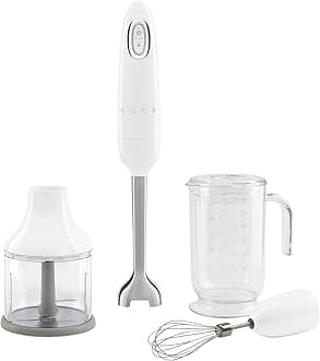 SMEG Handheld Immersion Blender with Beaker, Chopping Bowl w/Lid, Wire Whisk, 5 Speed Controls, made with Stainless Steel Blades and Ergonomic Design (White)