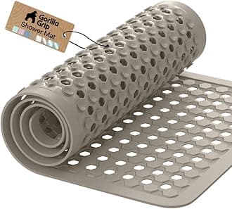 Patented Bath Tub Shower Mat, Machine Washable Bathtub Floor Liner Mats, Suction Cups and Drain Holes to Keep Tubs Clean, Soft on Feet, Bathroom Essentials, 35x16 Inch, Beige