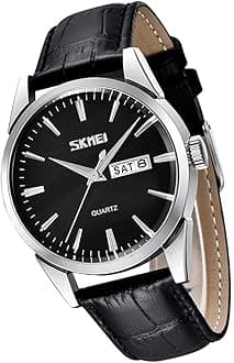 SKMEI Watch for Men Business Dress Classic Fashion Casual Black Leather Quartz Analog Waterproof Calendar Date Light Simple Wrist Watches Dad Fathers Gifts