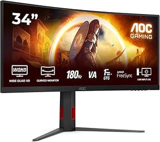 AOC CU34G4 34 inch UW-QHD Gaming Monitor Curved, 180Hz, Fast VA Panel, 0.5ms MPRT, Adaptive Sync, HDR10, FreeSync Premium, (3440x1440 HDMI 2x 2.0 DP 1x 1.4) Black