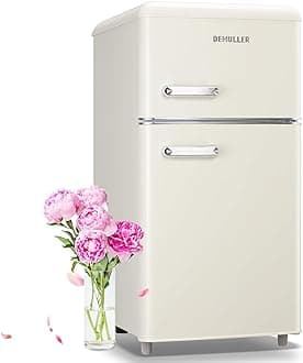 3.5 Cu.ft Retro Mini Fridge with Freezer Dual Doors & Handles Compact Refrigerator with 7 Thermostat Control Freestanding Small Fridge with LED Light Cream