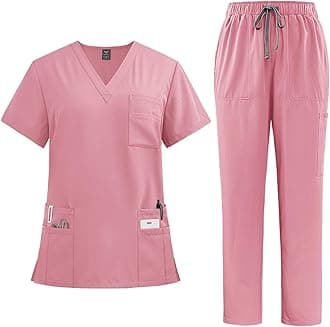 TopassionScrubs Uniforms Women Set, Female Medical Uniforms & Scrubs Durable Short Sleeve V Neck Tunic Top and Pants with Pockets, Beauty Tunics for Women UK Nursing Workwear Suits for Beauty Center