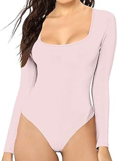 MANGDIUP Women's Essential Bodysuit - Scoop Neck Long Sleeve Slim Fit Stretch Cotton Spandex Jumpsuit