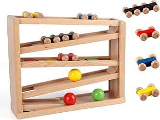 Qilay Wooden Race Track Car Ramp Racer Toy for Toddlers, 5 Level Race Car Ramp Toy Set Includes 4 Wood Cars and 3 Balls,Great Building Learning Toys or 3+ Years Old Boy and Girl