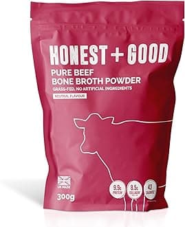 Honest + Good UK's Beef Bone Broth Powder | 350g 35 Servings | Grass Fed | Hair Skin Gut | 8500mg Type I & III Collagen High Protein | UK Made | No Seasoning Neutral Flavour | Suitable for Dog & Cats