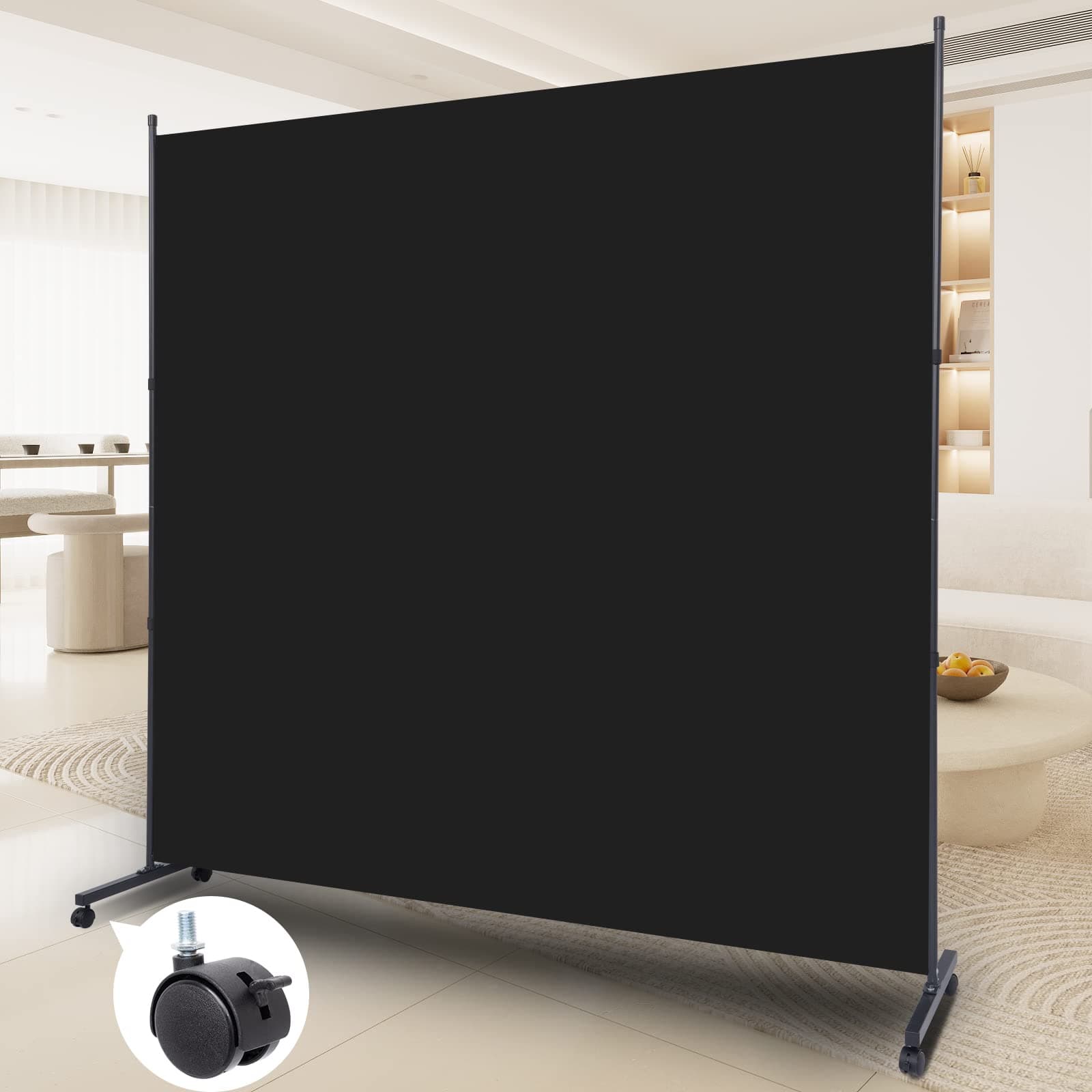 Room Divider Folding Privacy Screens with Wheels, 6FT Tall Divider for Room Separation, Movable Room Partitons and Dividers, Indoor Room Dividers Panel with Fabric (Black, 1 Panel-71‘’-Wheels)