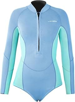 Lansru Women Wetsuit, Upgrade CR Neoprene 2mm One Piece Shorty Wetsuit, Long Sleeve Diving Suits with Front Zipper for Surfing Snorkeling Diving Swimming