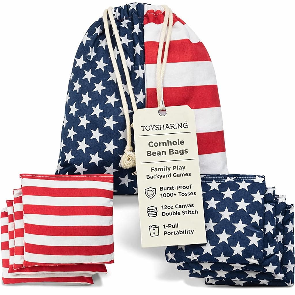 Regulation Cornhole Bean Bags: Set of 8 (6"x6"/16oz) Double Stitched 12oz Canvas - Resin Filled & Burst-Resistant 1000+ Tosses - Portable Tote for Family Backyard Games