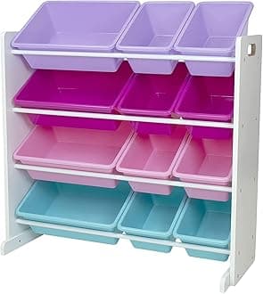 Humble Crew WO845 Toy Storage Shelf, White/Pink/Purple/Turquoise, Includes 12 Storage Boxes