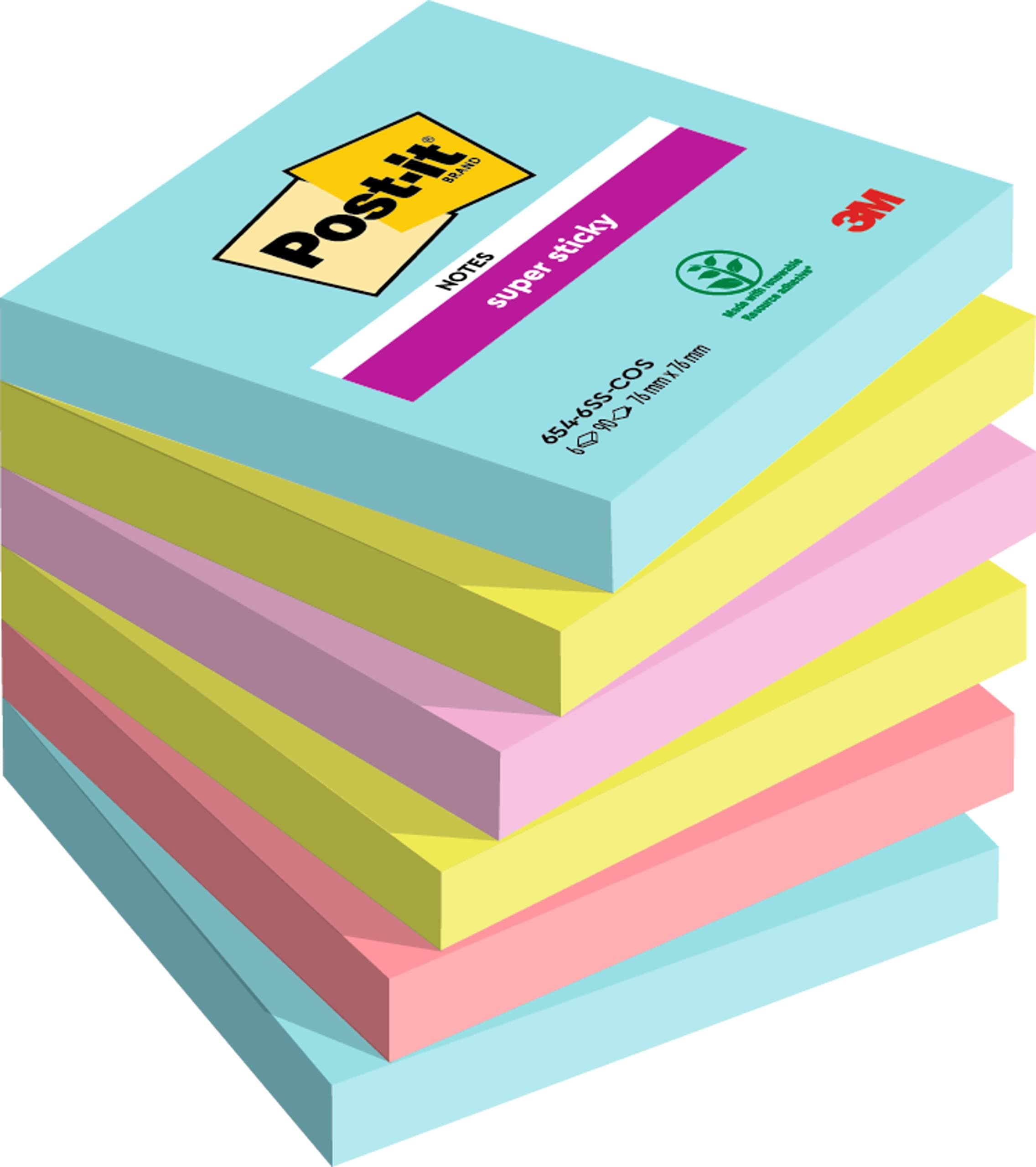 Post-it Notes 76 x 76 mm Super Sticky Notes, Miami Colour Collection, 6 Pads (90 Sheets per pad)