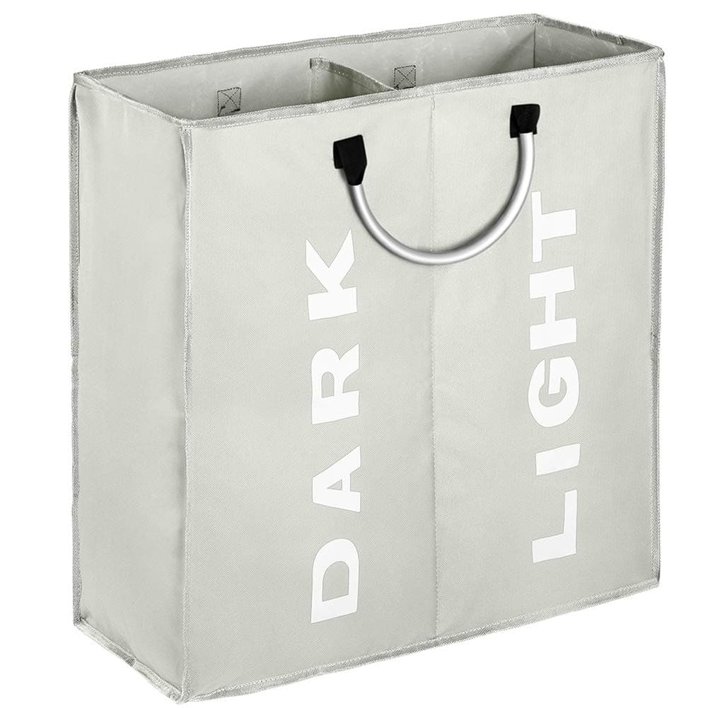 2 section Collapsible Laundry Bag Foldable 60L Laundry Hamper Durable 600D Oxford Laundry Basket Clothes Sorter Portable Multiuse Storage Bag with Alloy Handle for Bathroom Dormitory, Grey
