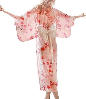 Women's Floral Print Traditional Japanese Kimono Goldfish Obi Belt Blossom Robe Costume Set