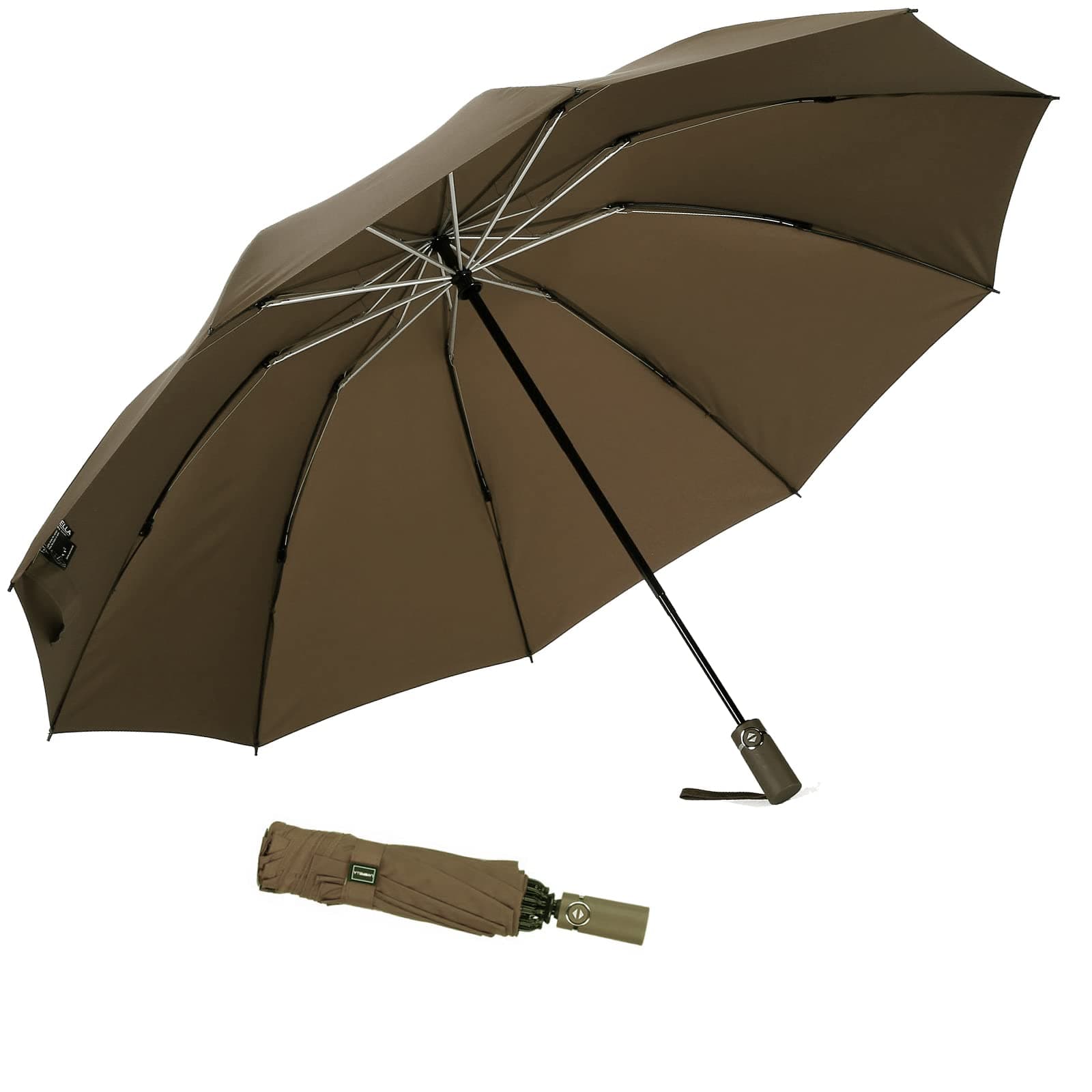 Umbrella Reverse Umbrella Windproof Compact Folding Large Size Auto open close 10 ribs - Brown