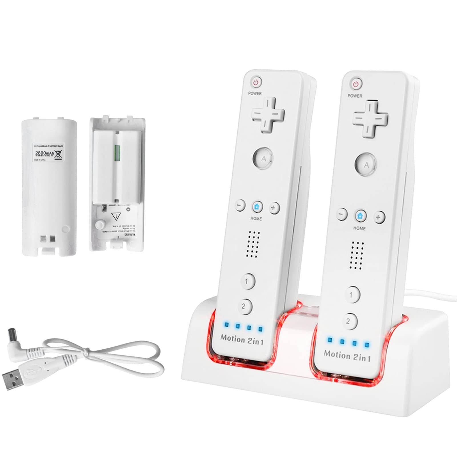 2 Pack Rechargeable Battery for Wii Remote Controller, TechKen 2 x 2800mAh Batteries with Charging Station Dock (White)