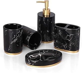 Haturi Bathroom Accessories Set, 5 Pcs Marble Look Bathroom Sets for Counter Top Restroom Apartment Decor Stuff, Imitated Resin Kits, Gift for Women and Men-Ink Black Gold