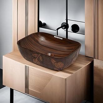 REMOTION Wooden Style Designer Wash Basin Countertop | Tabletop Ceramic Bathroom Sink | Wash Basin For Bathroom (18 x 13 x 5.5 Inch) (Wodeen Style Designer Basin-7)