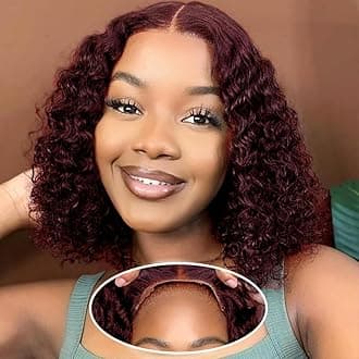 99J Burgundy Wear and Go Deep Wave Bob Wig 4x4 Lace Closure Glueless Wigs Human Hair Pre Plucked Pre Cut 180% Density Short Curly Human Hair Bob Wig for Black Women (Burgundy Wig, 8in)