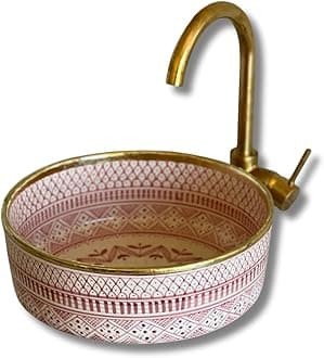 MIRATILE Handmade Ceramic Basin Sink, Handwash Countertop Vanity Basin, Farmhouse Bathroom Basin, Sink Bowl with Brass Rim Edge, Hand Painted Wash Basin Sink (14"= 35cm, Pink)