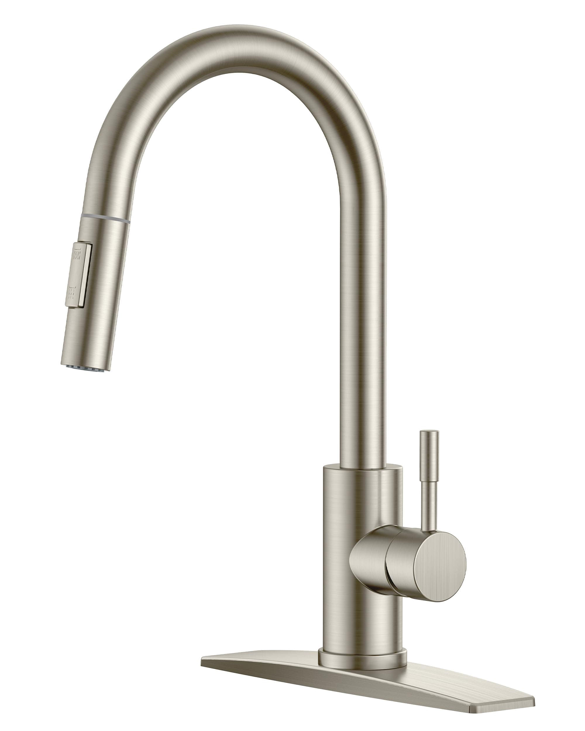 FORIOUS Kitchen Faucet with Pull Down Sprayer, Brushed Nickel High Arc Modern Classic Sink Faucet Stainless Steel with Deck Plate Fit for 1 or 3 Hole for Pot Filler Bar Farmhouse Laundry Rv