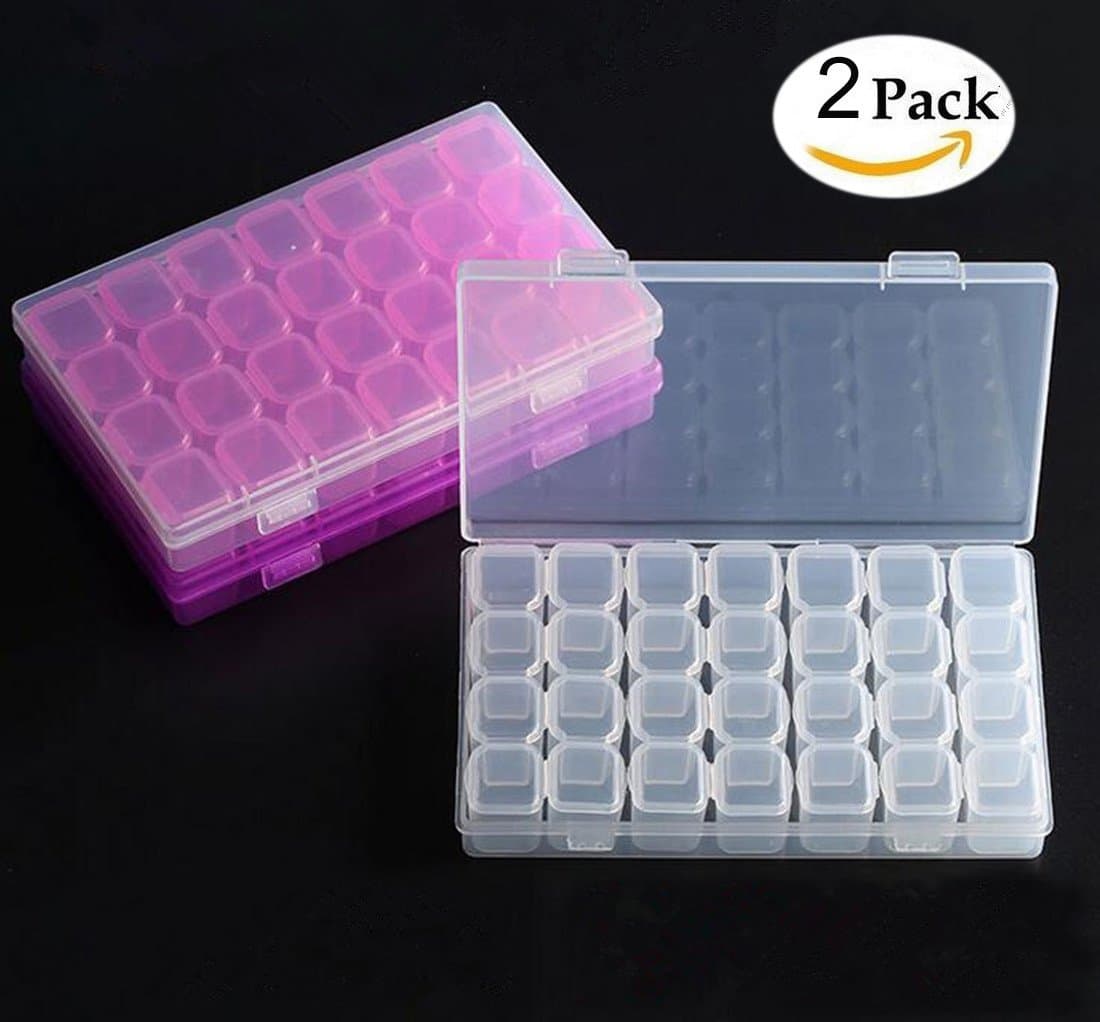 2 Pack 28 Grids Clear Plastic Storage Boxes For Nail Accessory Jewelry Beads Diamond Painting DIY Art Craft Organizers Container (One Pink, One Clear)