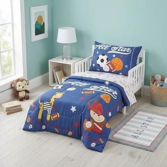 EVERYDAY KIDS 4 Piece Toddler Bedding Set - Jungle Sports - Soft 100% Cotton Percale - Includes Comforter, Flat Sheet, Fitted Sheet and Reversible Pillowcase