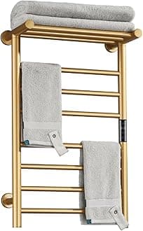 Electric Heated Towel Rack, Built-in Timer with Led Indicators | Timer Modes: 1 H to 8 H, Gold 7-Bar Wall Mounted Towel Warmer with Top Shelf, 70W Heated Towel Warmer, Hardwired