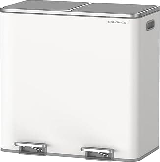 SONGMICS Trash Can, 2 x 10.6 Gallon (2 x 40 L) Garbage Can for Kitchen, with 15 Trash Bags, 2 Compartments, Plastic Inner Buckets and Hinged Lids, Airtight, White and Gray ULTB730W80