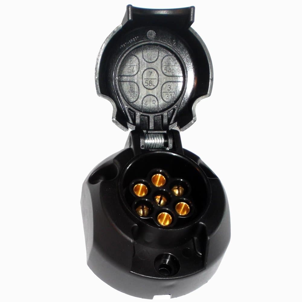 FEP 7-pin 12V Trailer Socket, Flat Version, Plastic Housing, including Cap and Cut-off Contact for Rear Fog Light