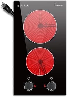Karinear 110V Electric Cooktop 2 Burners Electric Stove 12 Inch Knob Control Countertop & Built-in Ceramic Cooktop, 9 Heating Level, Hot Warning, Over-Temperature Protection(Black Knob)