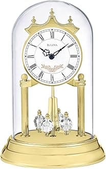 B8821 Heather Anniversary Clock | 9" Glass Dome Design | Rotating Crystal Pendulum | Westminster Chime | Engraving Plate