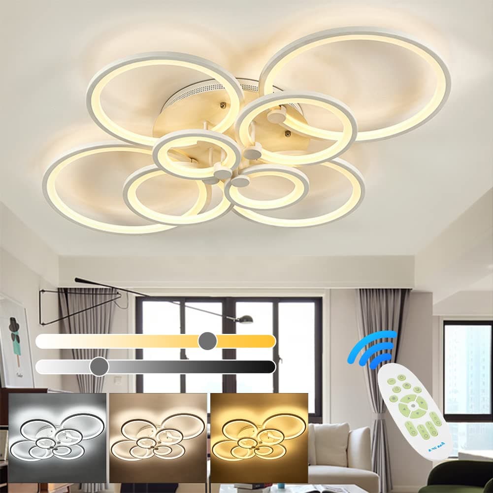 XEMQENERDimmable LED Ceiling Light with Remote Control, Flush Mount Lighting Fixture with 8 White Rings, Chandeliers for Living Room, Bedroom and Dinning Room(2800-6000K)