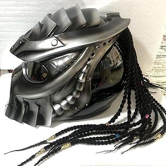 Predator Motorcycle Helmet, Full Face Helmet Mask with Hair Braid and LED Light for Outdoor Riding Or Club Parties, and Cosplay Prop, DOT Certified,Thin Braids,XXL