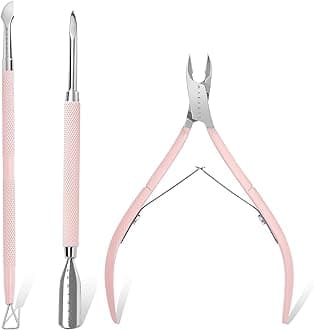 Cuticle Trimmer with Cuticle Pusher, 3 PCS Pink Nail Cuticle Nipper Professional Pedicure Manicure Tools with Stainless Steel Dual End Pusher, Nail Scraper (Cuticle Tools-3pcs)