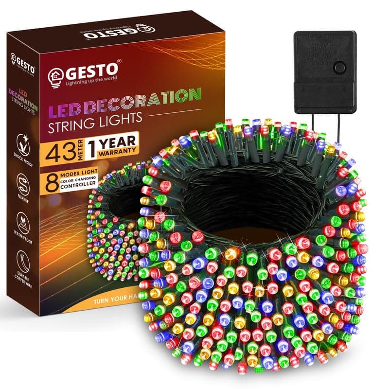 Gesto 43 Meter Multicolor Led Serial String Lights – 8 Modes Changing Controller, Waterproof Fairy Lights for Home,Patio,Christmas,Deepawali & Diwali Decoration Lights for Balcony Outdoor – Pack of 1