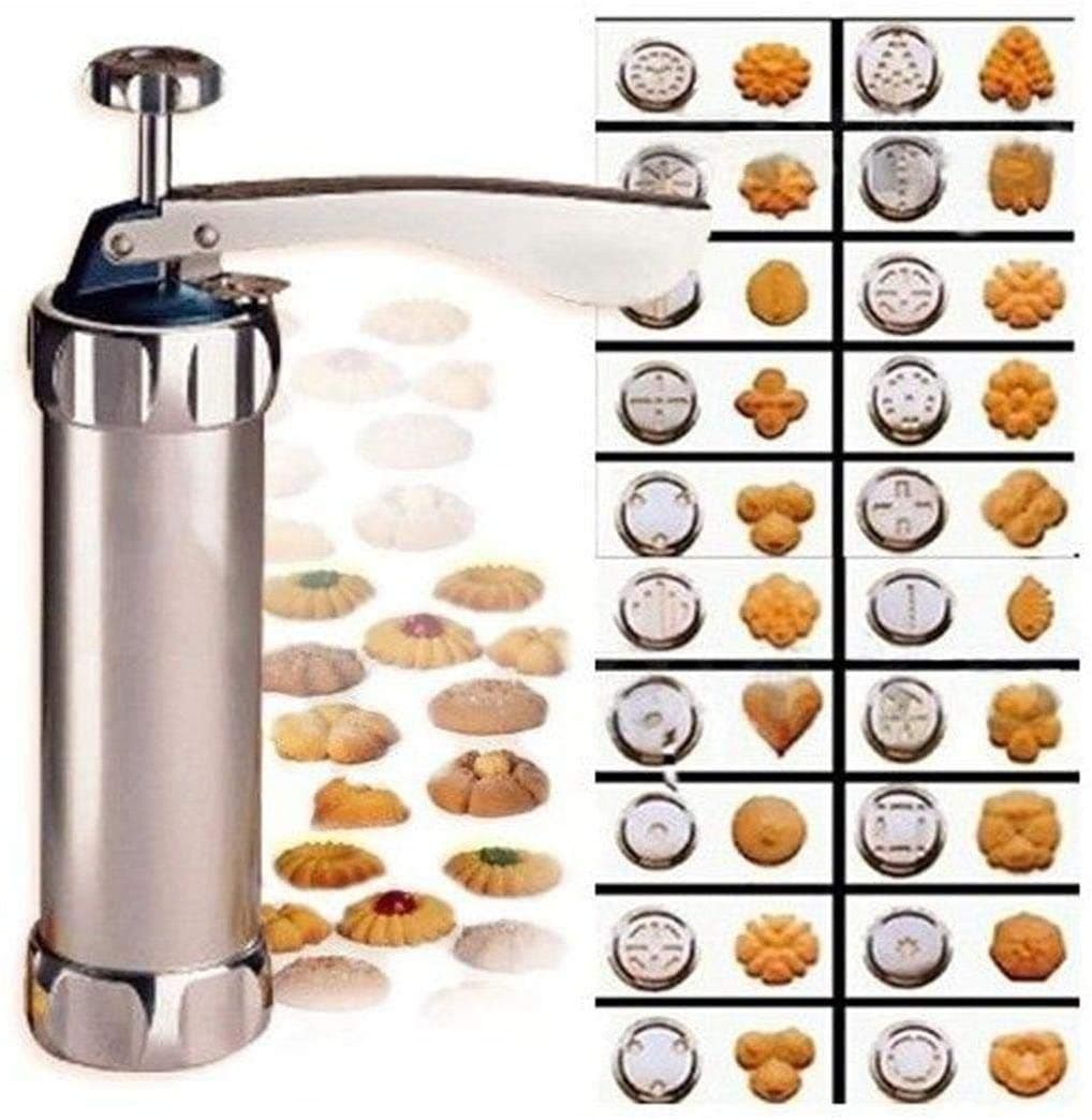 YOOUSOO Cookie Press Maker Kit, Spritz Cookie Maker Machine For Baking, For DIY Biscuit Maker and Decoration with 20 Cookie Discs and 4 Piping Tips (Stainless Steel)