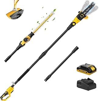 Pole Saw 8-Inch Cordless Tree Trimmer and 18-Inch Pole Hedge Trimmer 2-In-1, 15-Feet Max Reach, Auto Oiling, Telescoping Pole Chainsaw with 2.0Ah Battery & Charger