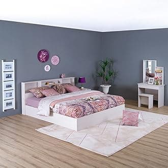 Danube HomeGamorah 5 Pieces Bed Set King Size (180X200Cm) + Night Stand + Dresser And Stool With Mirror | Comfortable Bedset Full | Sturdy Modern Design Wooden Bed Room Set Furnitures - Washed White