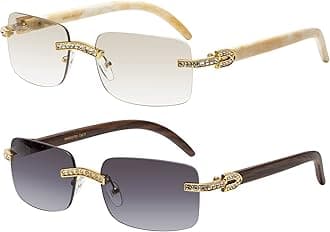 Retro Vintage Style Rimless Clear Lens Sunglasses for Women & Men Luxury Glasses Fashion Crystal Wood Eyewear Shades