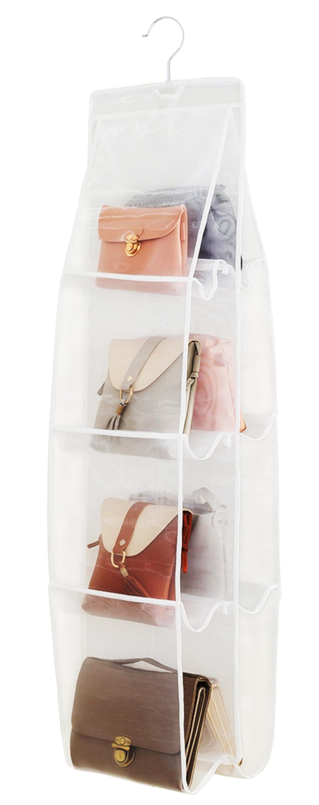 AARAINBOW Hanging Handbag Organizer for Closet, 8-Pocket Purse Storage Holder, Space-Saving Wardrobe Organizer for Women, 44.5"L x 13.5"W (A-White)